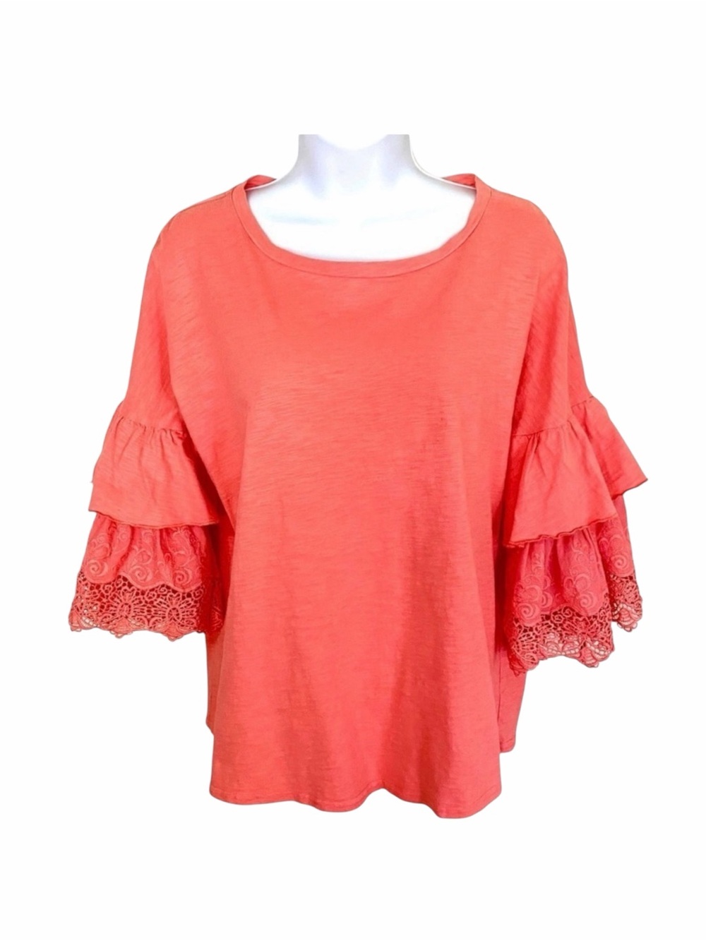 Umgee Coral Orange Tiered Ruffle Bell Sleeve Knit Top Size Small Relaxed Fit